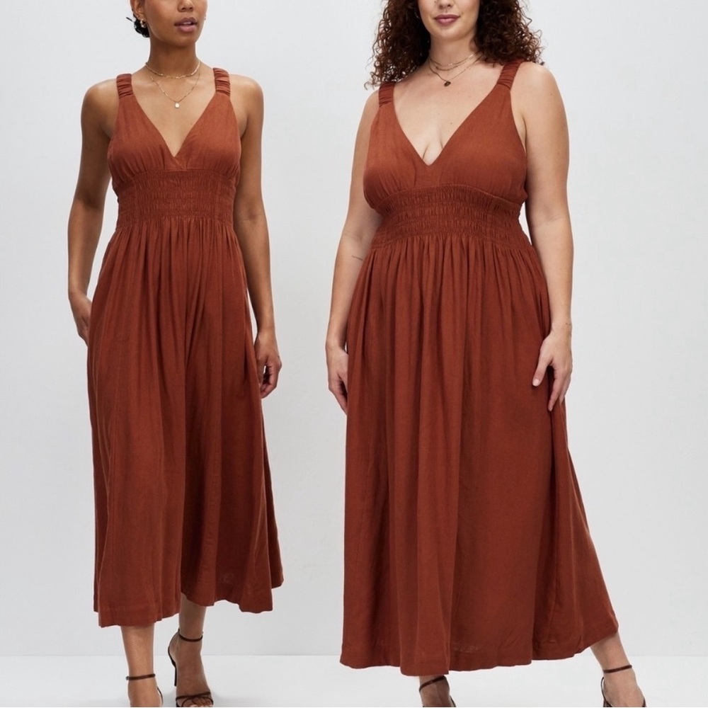Abercrombie & Fitch Scrunchie Strap Rust Orange Brown Boho Maxi Dress Size SP - Picture 2 of 9